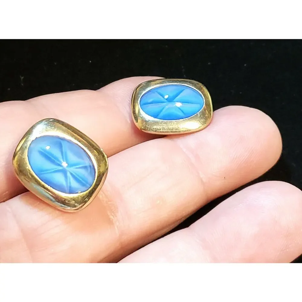 Blue Cuff‎ Links Faux Star Sapphire Vintage Gift for Him Cufflinks Gold-tone cl-